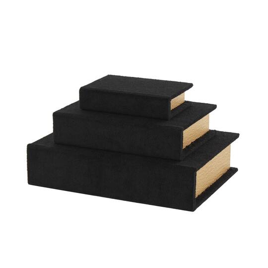 Black Velvet Textured Decorative Book Box with Gold Page Detailing, 3ct.
